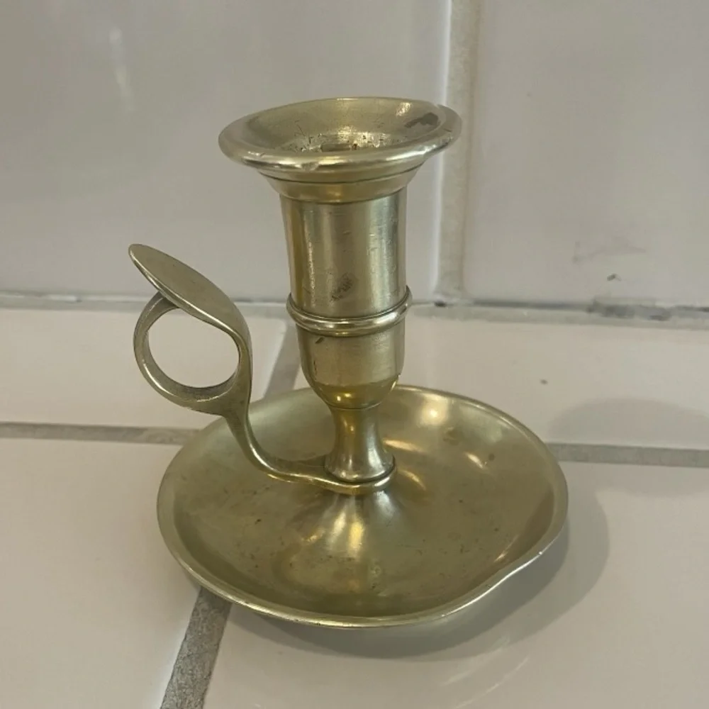 Vintage Handmade Brass Chamber Stick Candle Holder with Finger Loop & Drip